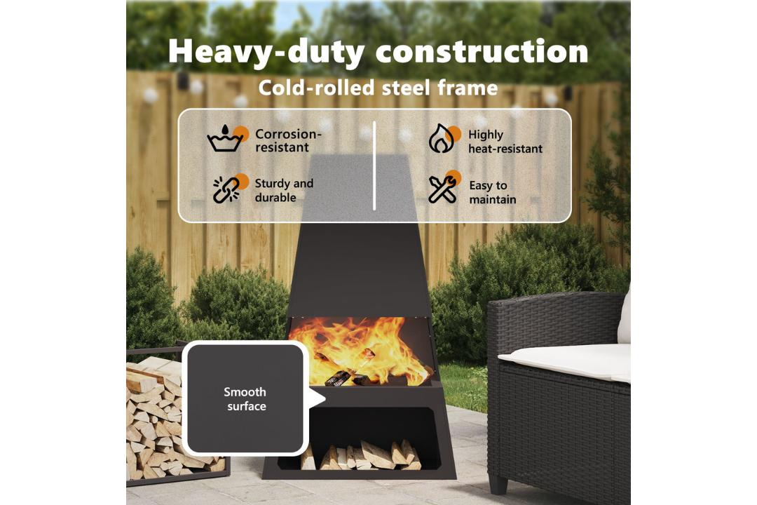Heavy-Duty Fire Pit with Log Storage 60 x 35 x 100 cm in Black Cold-Rolled Steel