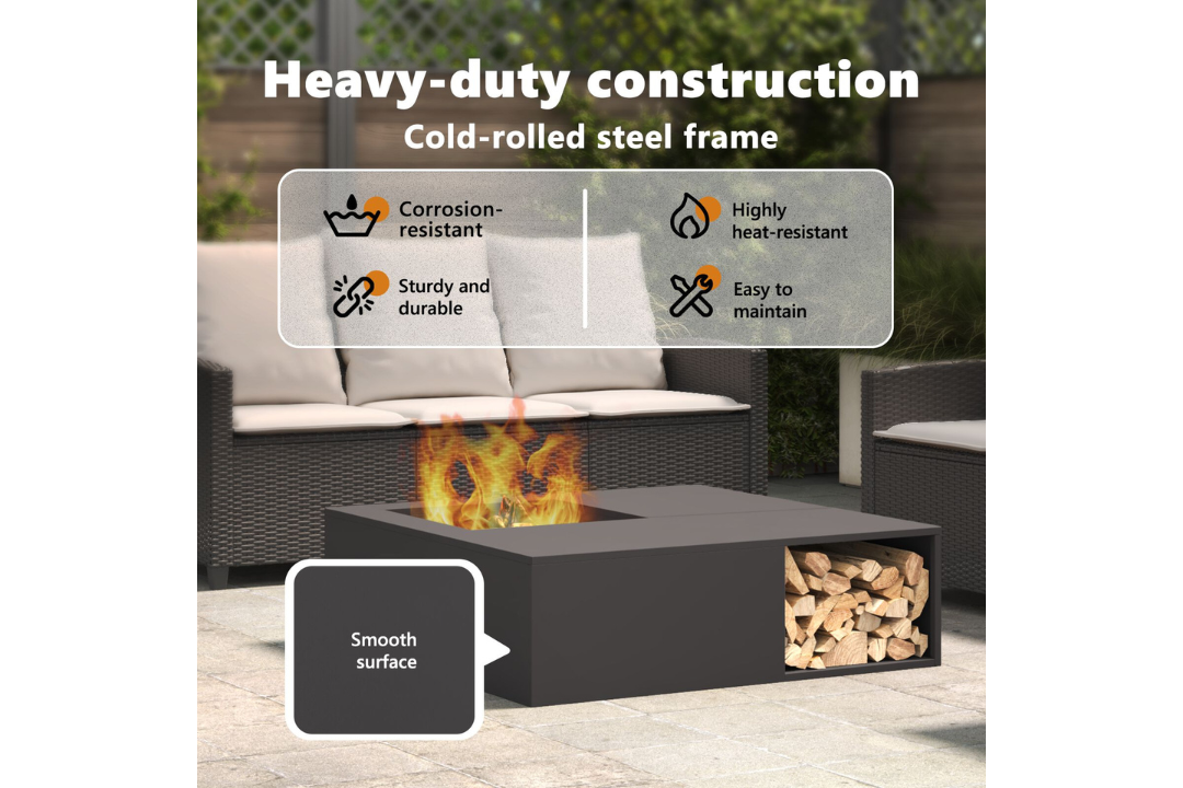 Heavy-Duty Fire Pit with Log Storage 100 x 100 x 30 cm in Black Cold-Rolled Steel