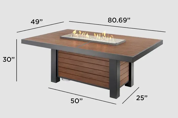 Kenwood and Brooks Umber Brown Linear Dining Height Gas Fire Pit Table Dimension