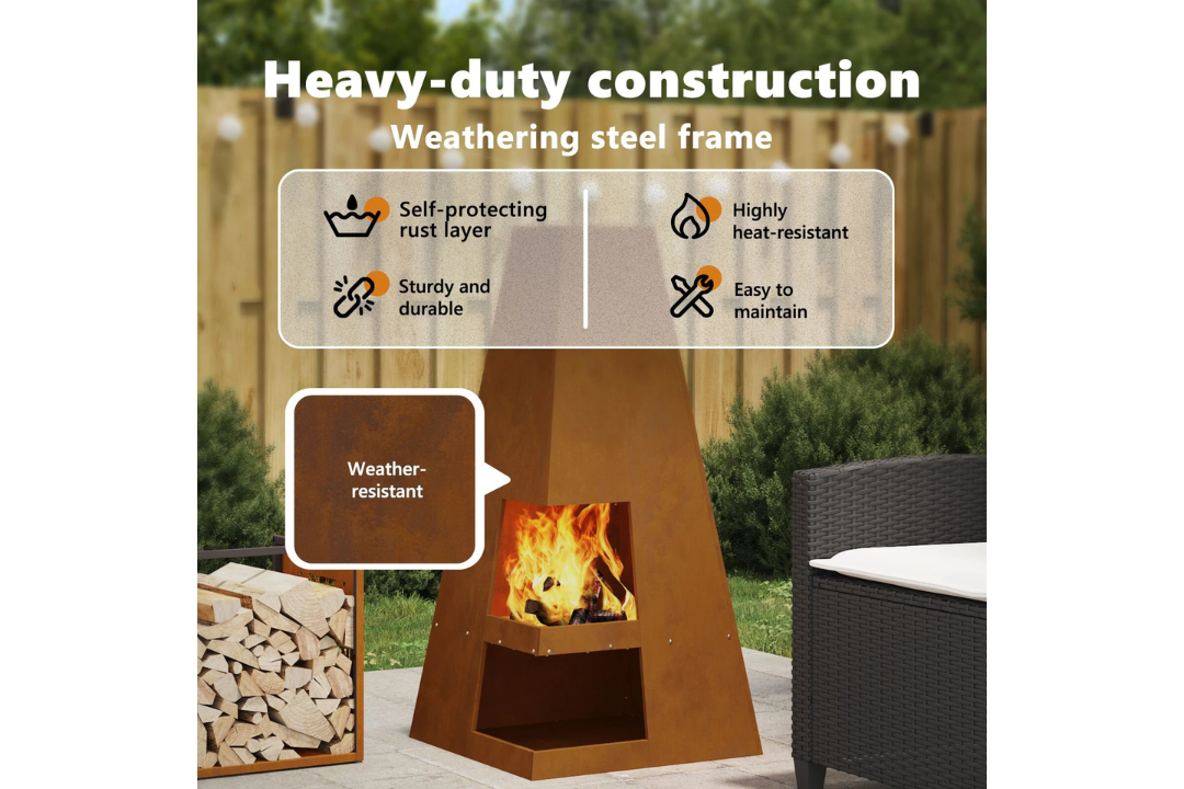 Heavy-Duty Fire Pit with Log Storage 50 x 50 x 100 cm in Rusty Brown Weathering Steel