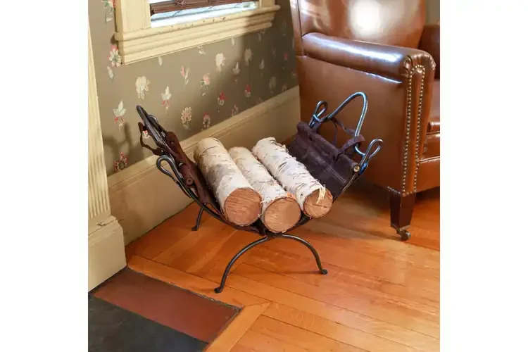Folding Wrought Iron Log Holder with Suede Firewood Carrier – Leaf-End Design