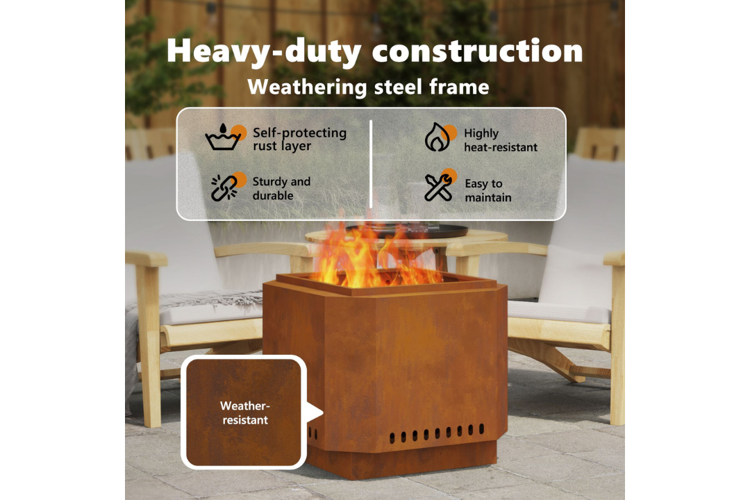 Heavy-Duty Smokeless Fire Pit 58 x 58 x 51 cm in Rusty Brown Weathering Steel