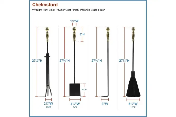 Chelmsford Fireplace Tool Set in Black & Polished Brass Tools Set Details