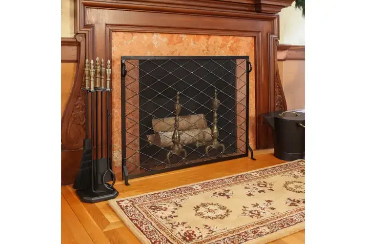 Harlequin Flat Fireplace Screen – Black Wrought Iron with Brass Accents
