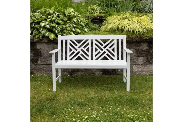 Fretwork Bench in White Crafted from Eucalyptus Grandis Wood