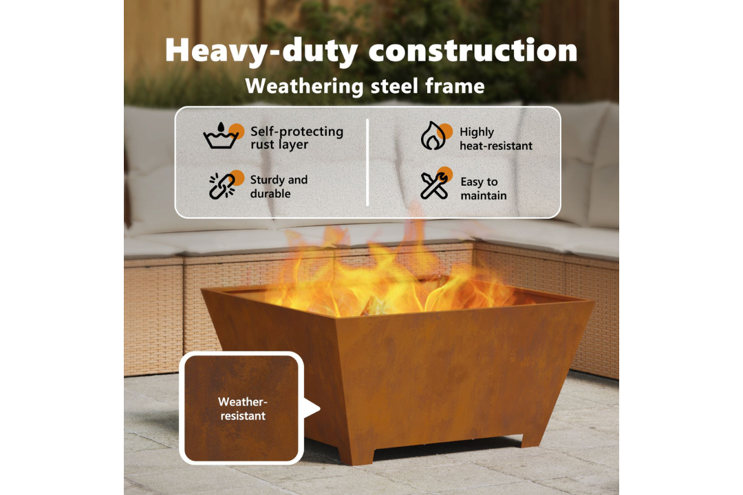 Heavy-Duty Fire Pit Square 80 x 80 x 40 cm in Rusty Brown Weathering Steel