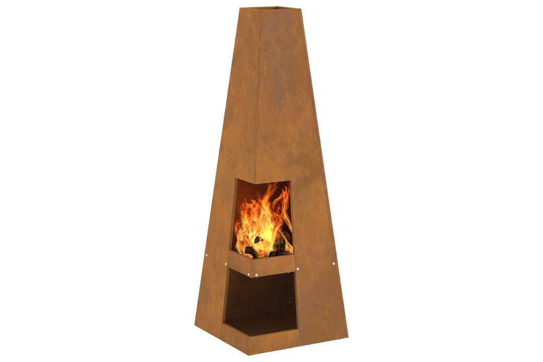 Fire Pit with Log Storage 35 x 35 x 100 cm in Rusty Brown Weathering Steel with Rich Patina