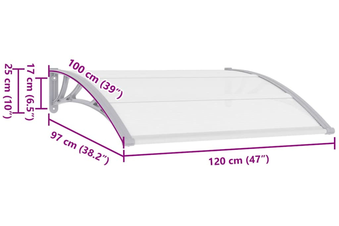 Door Canopy 120x100 cm Polycarbonate with ABS Brackets in Grey Brackets and Transparent Sheets Specifications
