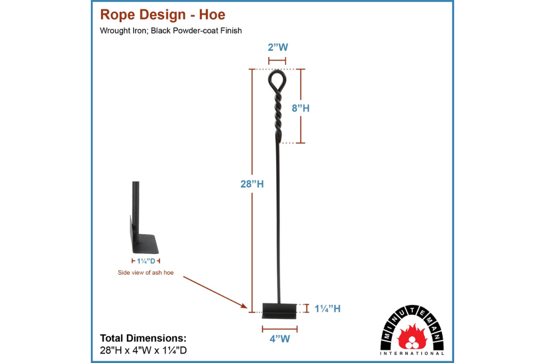 28-Inch Hoe Wrought Iron Fireplace Tools with Rope Handles – Black Finish Specifications