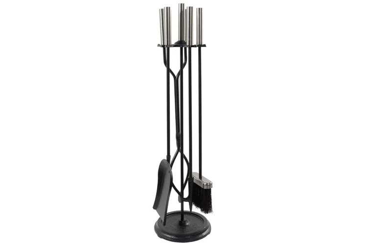 Neoclassic Fireplace Tool Set in Black & Polished Chrome