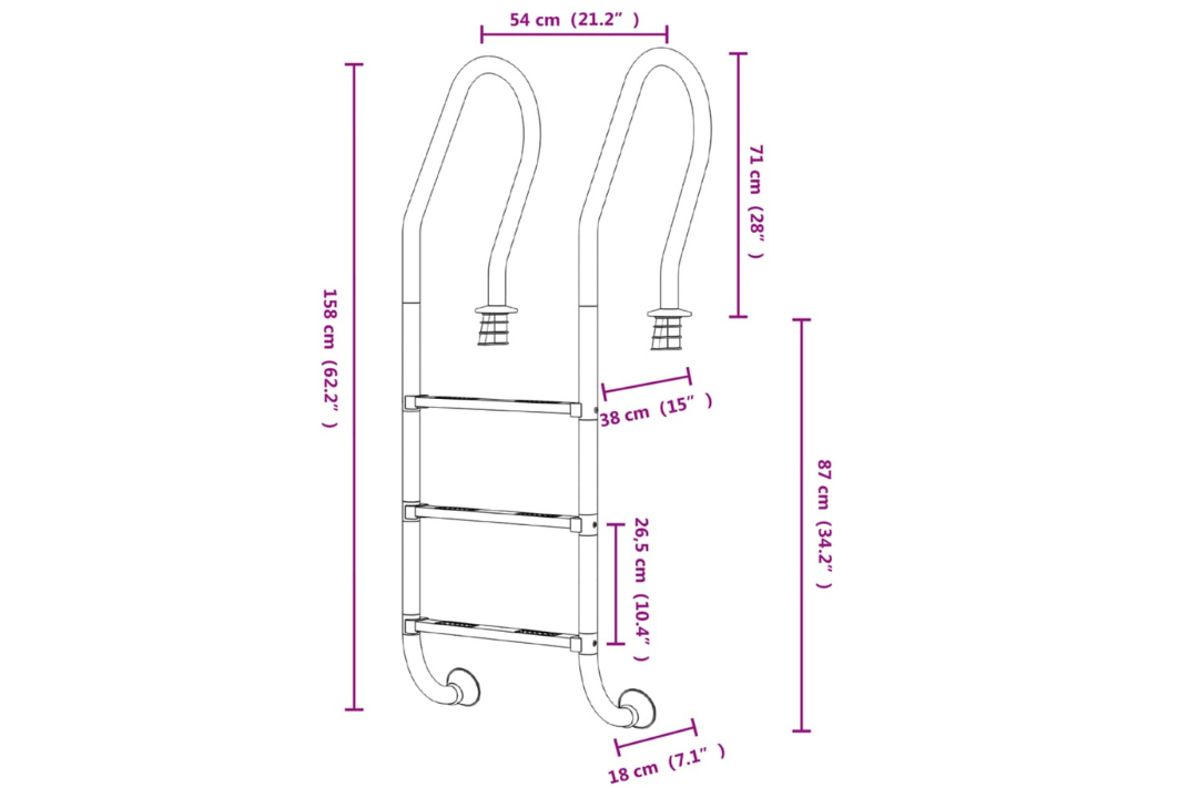 Pool Ladder 54 x 38 x 158 cm 304 Stainless Steel Specifications