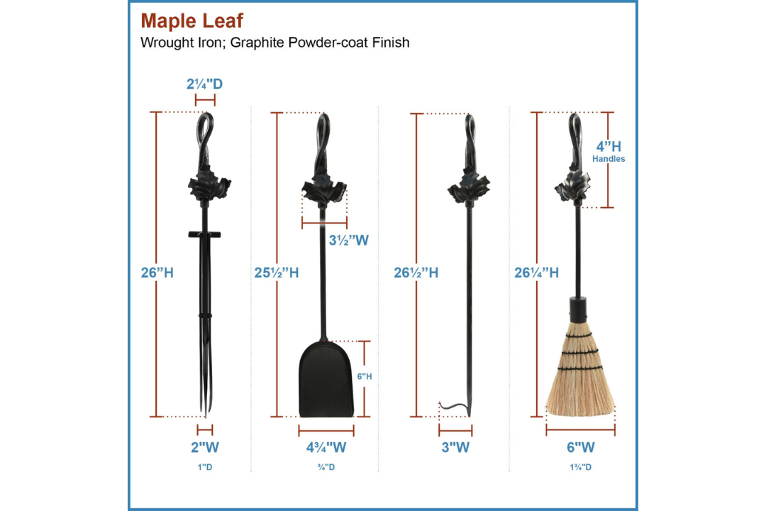 Maple Leaf Fireplace Tool Set – 35” Wrought Iron Tools with Decorative Stand in Graphite Specifications