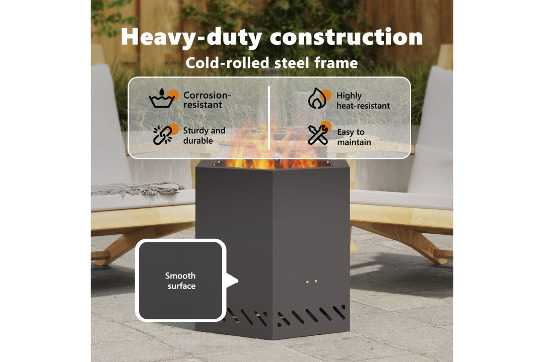 Heavy-Duty Smokeless Fire Pit Hexagonal 48 x 48 x 51 cm in Black Cold-Rolled Steel