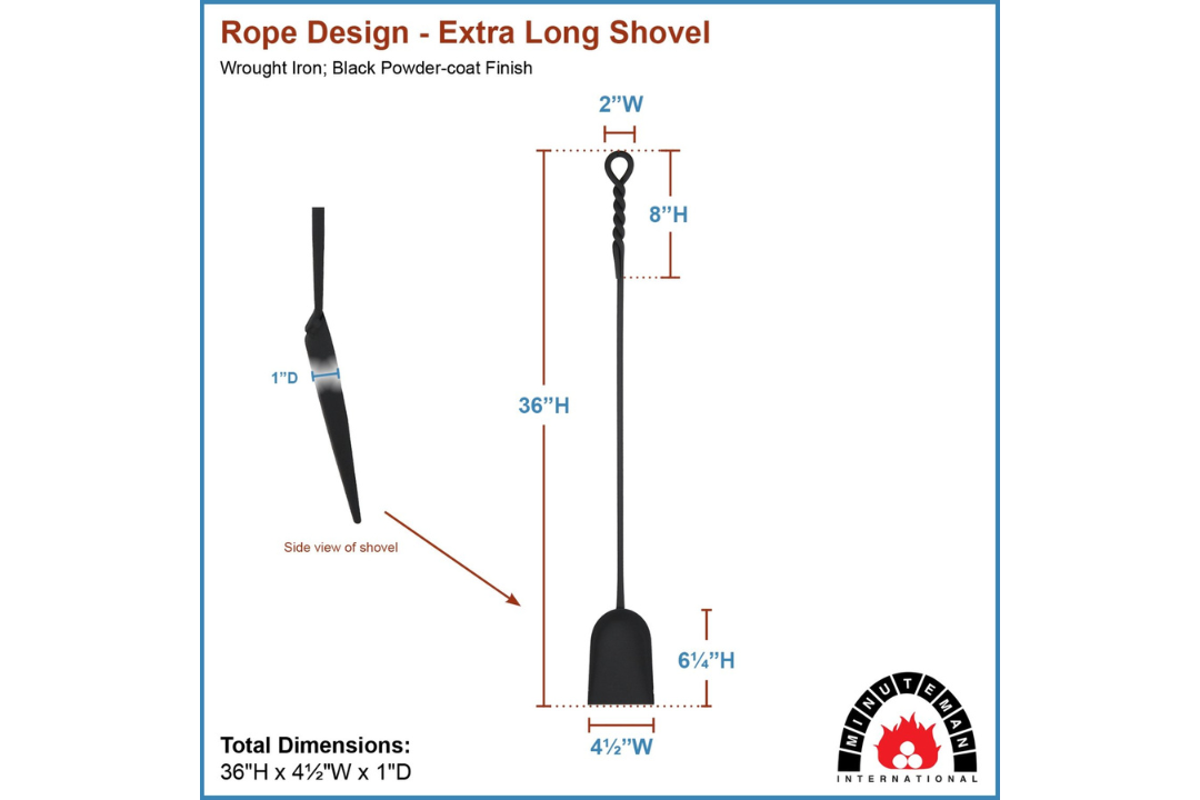 Extra Long Shovel Wrought Iron Fireplace Tools with Twisted Rope Handles Specifications