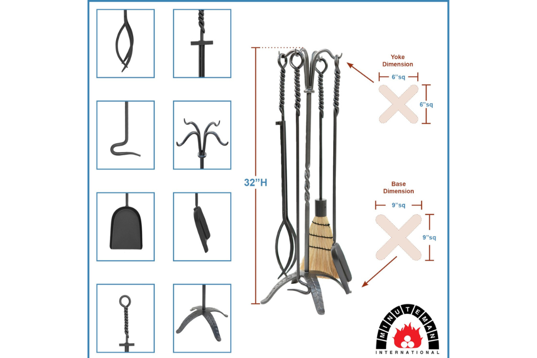 Rope Fireplace Tool Set – 5-Piece Wrought Iron Fire Tool Collection with Twisted Handles and Decorative Stand Specifications
