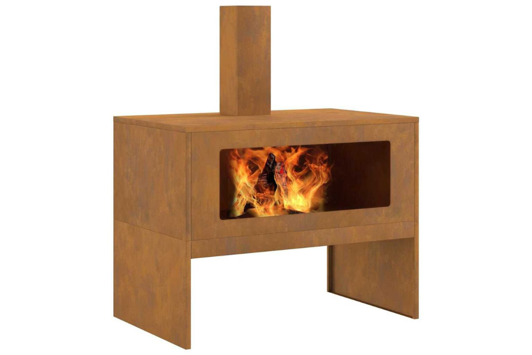 Fire Pit with Chimney 80 x 50 x 96 cm in Rusty Brown Weathering Steel with Rich Patina