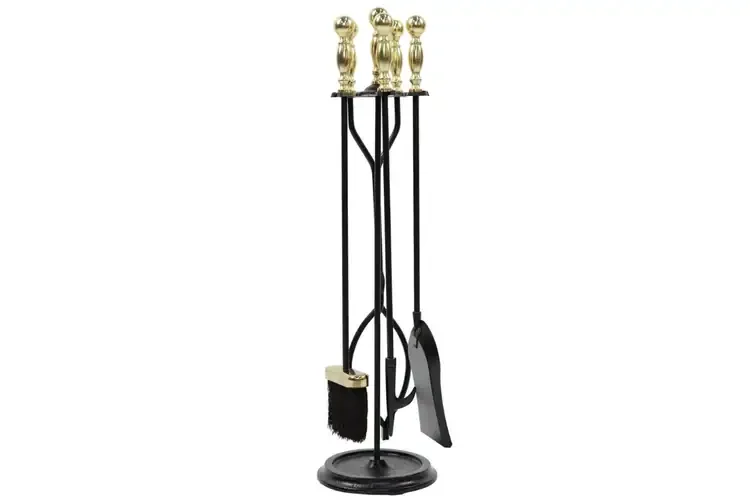 Sutton Fireplace Tool Set in Polished Brass and Black Powder Coated Finish Made of Wrought Iron