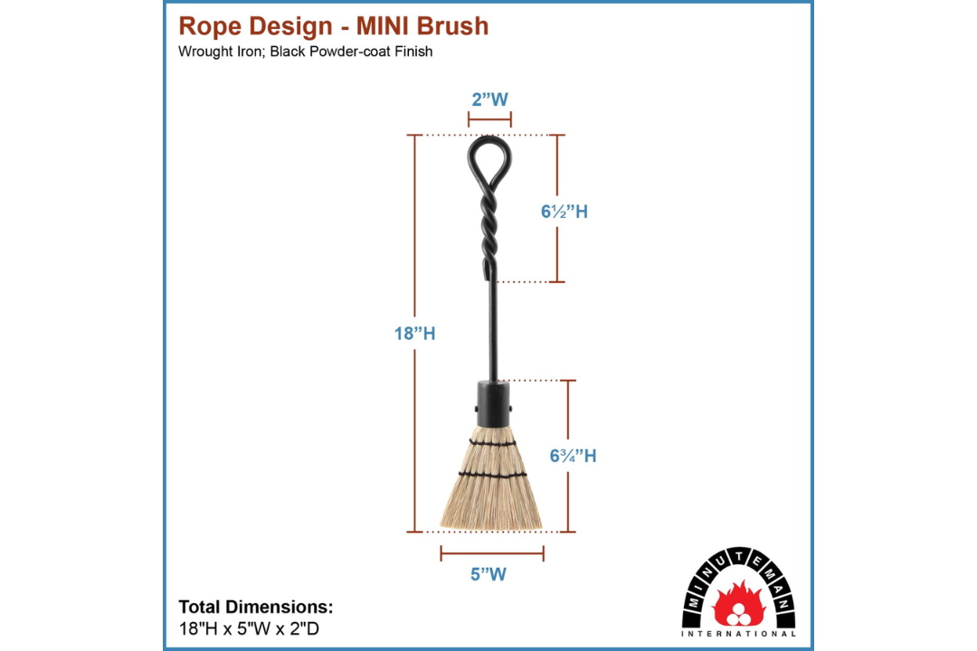 Rope Handle Mini Brush Fireplace Tools – Wrought Iron, Black Finish Specifications