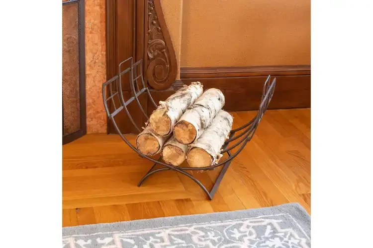 Arts & Crafts Log Holder with Suede Carrier – Folding Wrought Iron Rack