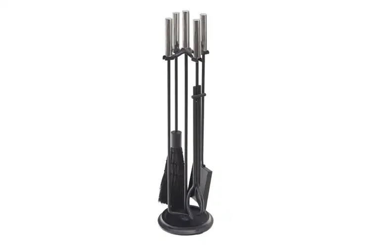 Bedford Fireplace Tool Set in Black and Polished Chrome Made of Wrought Iron and Cast Iron