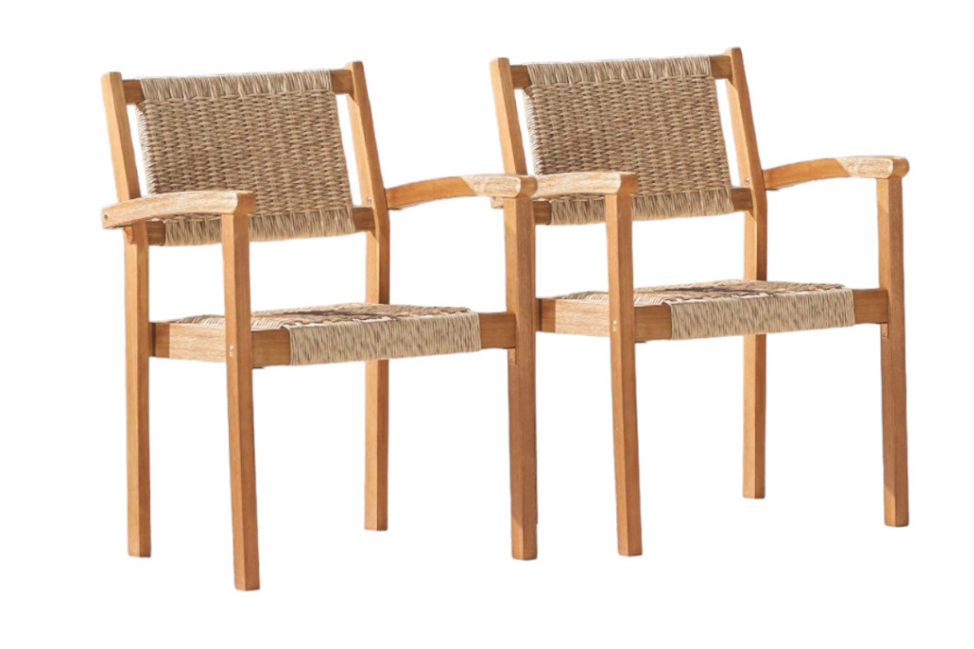 22" Set of Two Natural Wood and Rattan Indoor Outdoor Dining Chairs - Classy and SImple