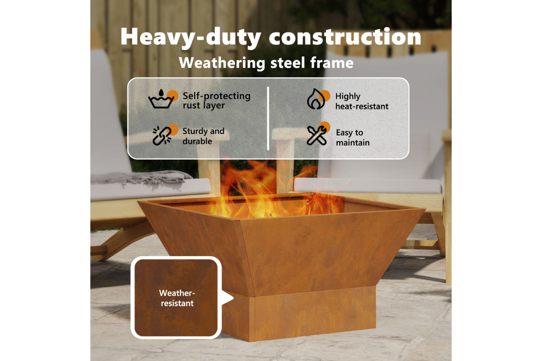 Heavy-Duty Fire Pit Square 60 x 60 x 35 cm in Rusty Brown Weathering Steel