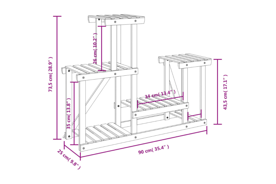 Solid Wood Fir Flower Stand 90 x 25 x 73.5 cm in Carbonized Brown Specifications