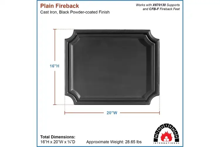 Plain Design Fireback – Cast Iron Fireplace Heat Reflector with Biscuit Corners Specifications