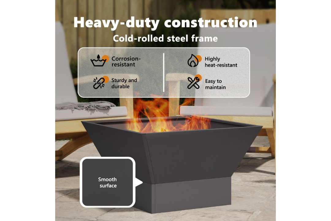 Heavy-Duty Fire Pit Square 60 x 60 x 35 cm in Black Cold-Rolled Steel