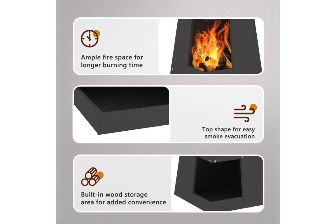 Fire Pit with Log Storage 50 x 50 x 100 cm in Black Cold-Rolled Steel Features