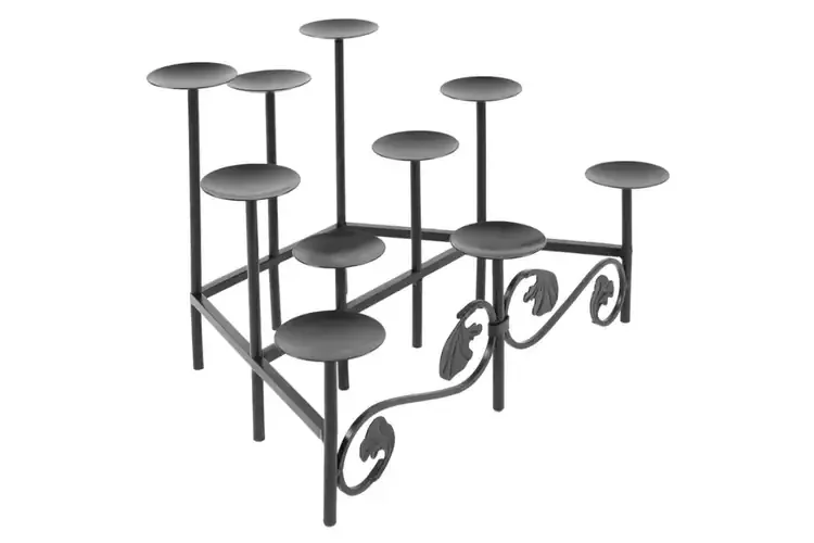 Cathedral Candelabra – 9 Blue Glass Votive Cups Made of Wrought Iron