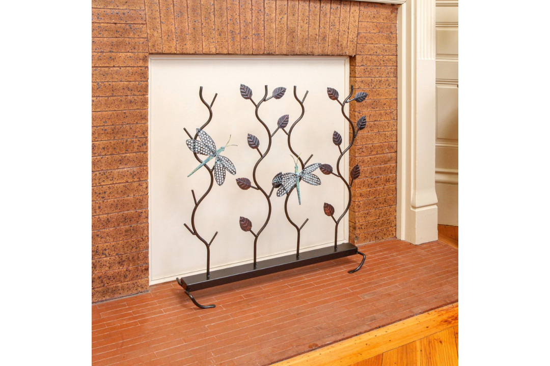 Dragonflies Fireplace Summer Screen with Black Powder Coated Finish