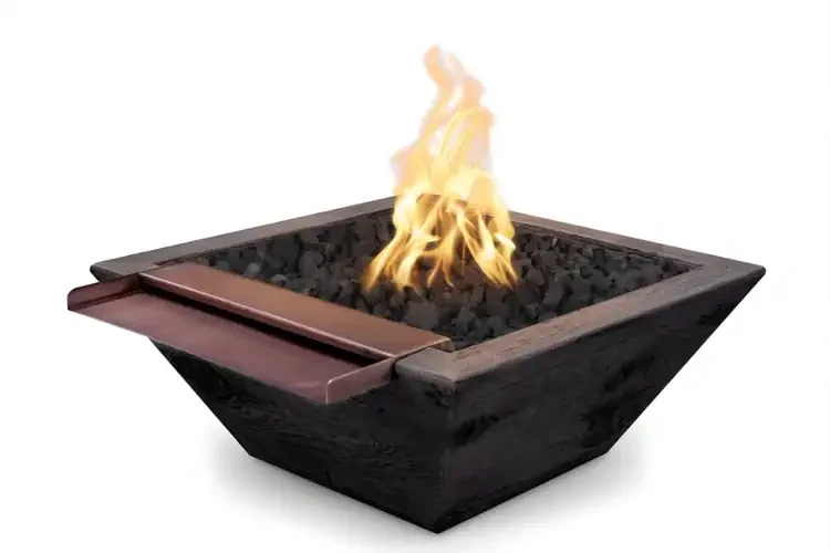 The Outdoor Plus 30" Maya Fire & Water Bowl – Wide Spill, Wood Grain Concrete - Ebony