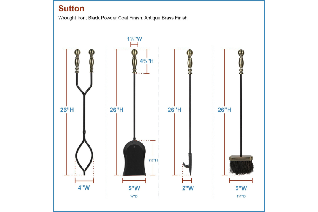 Sutton Fireplace Tool Set in Antique Brass and Black Powder Coated Finish Detailed Information