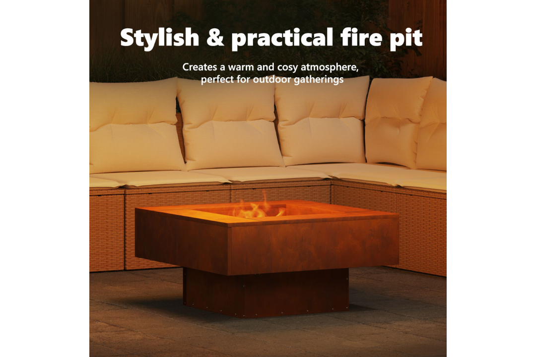 Stylish and Practical Square Fire Pit 80 x 80 x 40 cm in Rusty Brown Weathering Steel