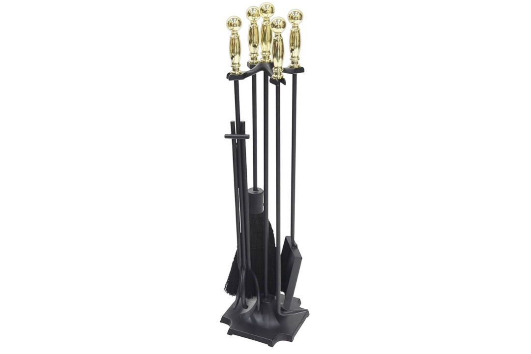 Carlisle Fireplace Tool Set in Black & Polished Brass Made of Wrought and Cast Iron and Zinc Handles