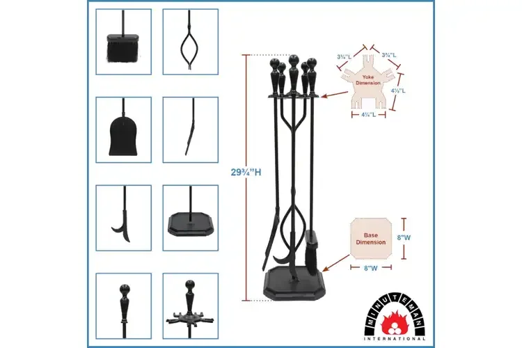Plymouth Fireplace Tool Set – Cast & Wrought Iron, Black Powder-Coated in Square Base Specifications