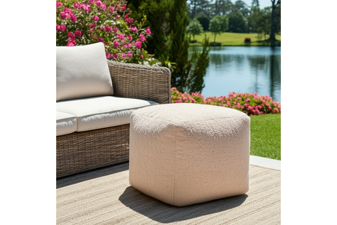 18" Polyester Cube Outdoor Pouf Ottoman in Taupe