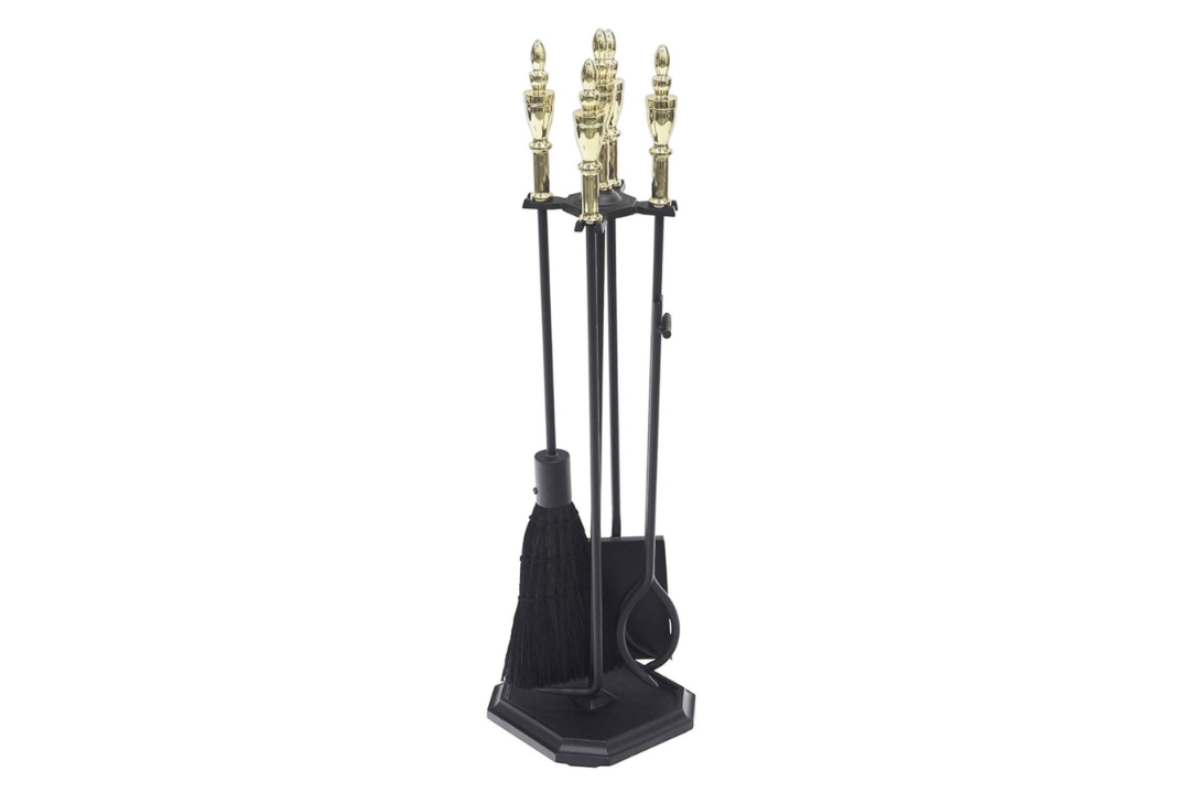 Westford Fireplace Tool Set in Black & Polished Brass Made of Wrought Iron and Cast Iron