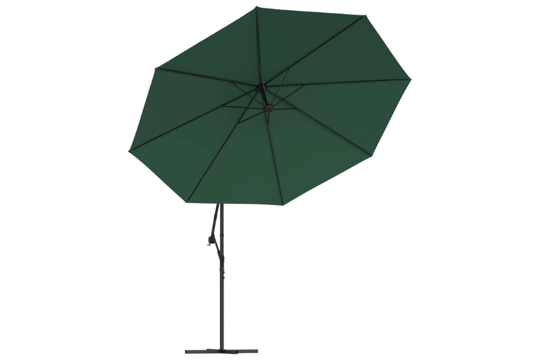 Cantilever Garden Parasol with LED Lights and Metal Pole 350 cm in Green With 8 Reinforced Steel Ribs