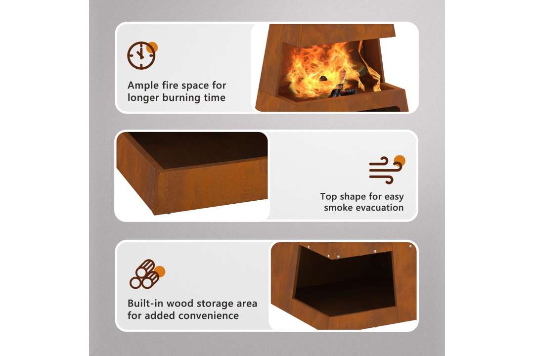 Fire Pit with Log Storage 50 x 50 x 100 cm in Rusty Brown Weathering Steel Features