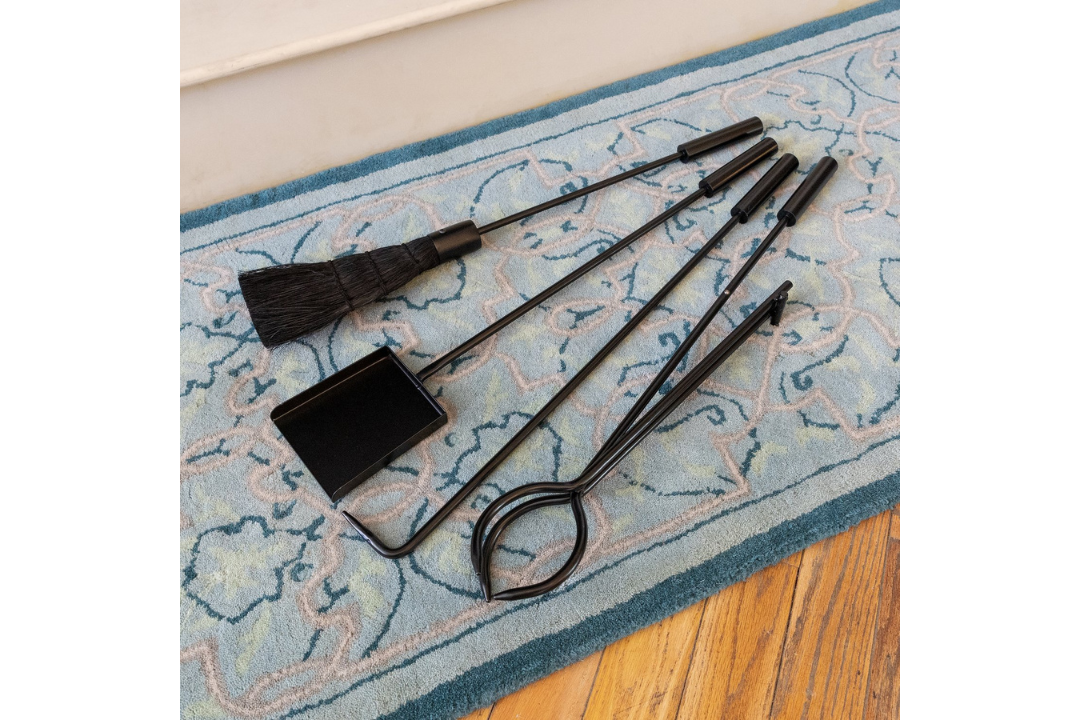 Bedford Inline Wrought Iron Fireplace Tool Set with Ash Pan – Black Powder Coated Finish