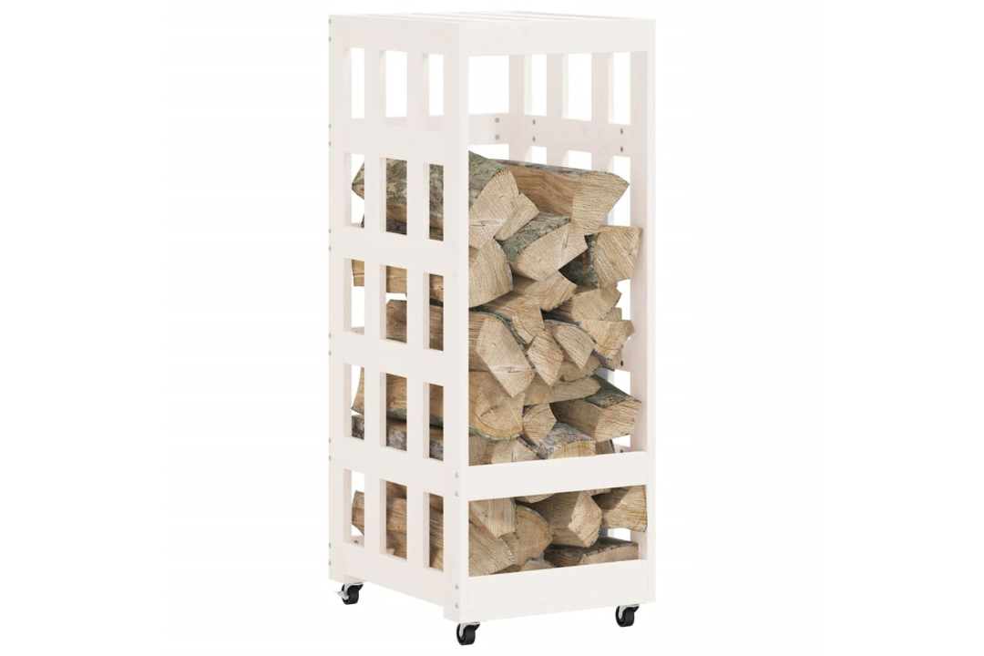 Log Holder with Wheels 40x49x110 cm Solid Pine Wood Firewood Rack in White Easy to Assemble