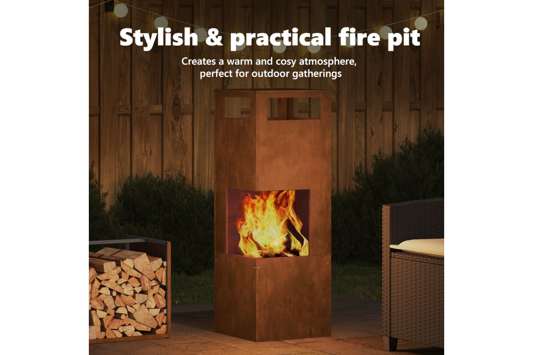 Stylish and Practical Square Steel Fire Pit 35 x 35 x 100 cm in Rusty Brown Weathering Steel