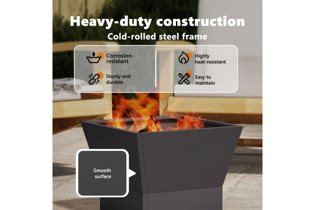 Heavy-Duty Square Fire Pit 40 x 40 x 30 cm in Black Cold-Rolled Steel