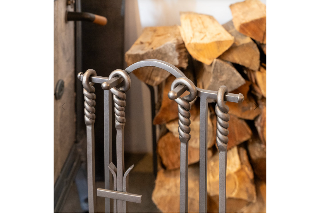 Salem Inline Fireplace Tool Set with Ash Pan and Twisted Rope Handles Made from Wrought Iron