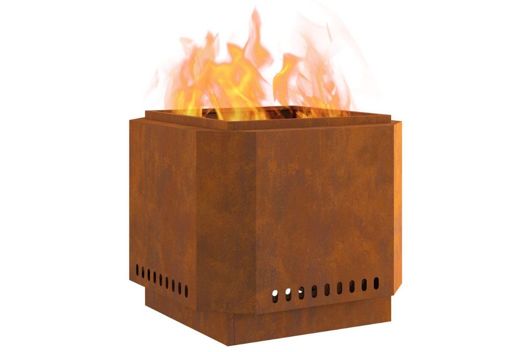Smokeless Fire Pit 58 x 58 x 51 cm in Rusty Brown Weathering Steel with Rich Patina