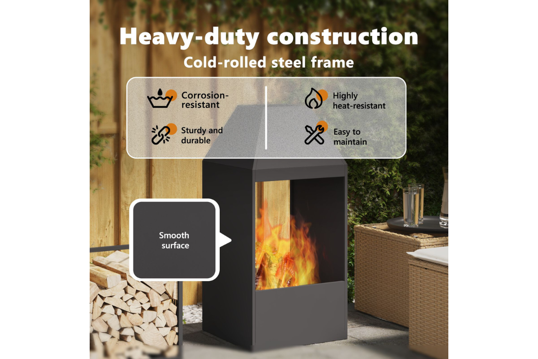 Heavy-Duty Rectangular Black Fire Pit 50 x 50 x 100 cm