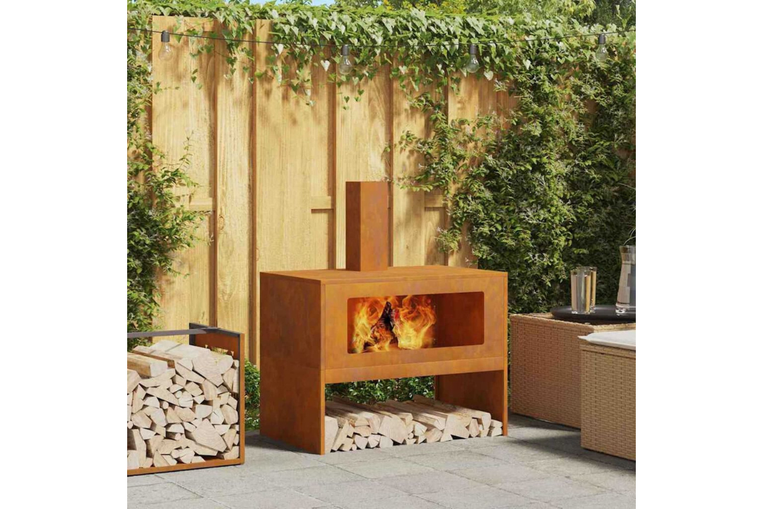 Fire Pit with Chimney 80 x 50 x 96 cm in Rusty Brown Weathering Steel