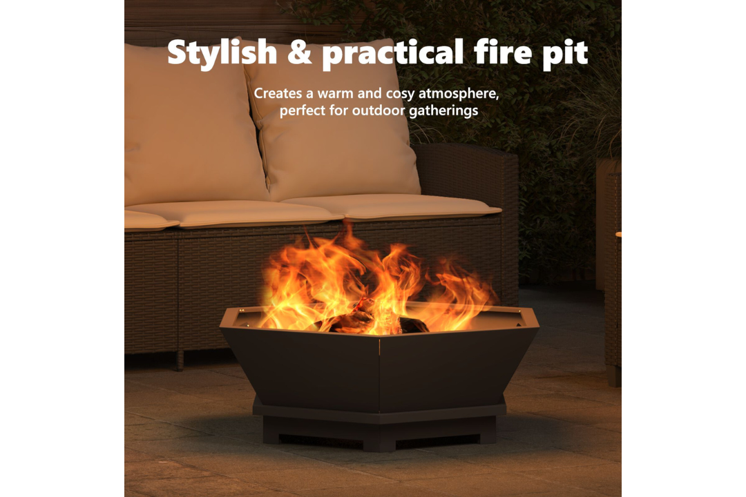 Stylish Fire Pit Hexagonal Black Cold-Rolled Steel – Outdoor Wood Burning in 100 x 100 x 28 cm